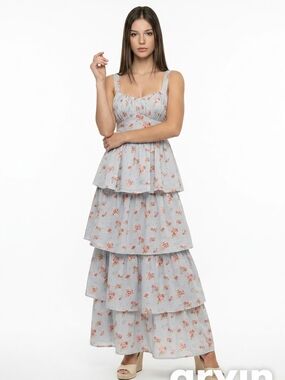 #Abercrombie & Fitch Light Blue Floral Tiered Lace-up Maxi Dress with Pink Roses